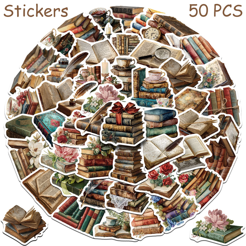 Vintage Collectible Books - 50 قطعة ملصقات كتب عتيقة للابتوب،