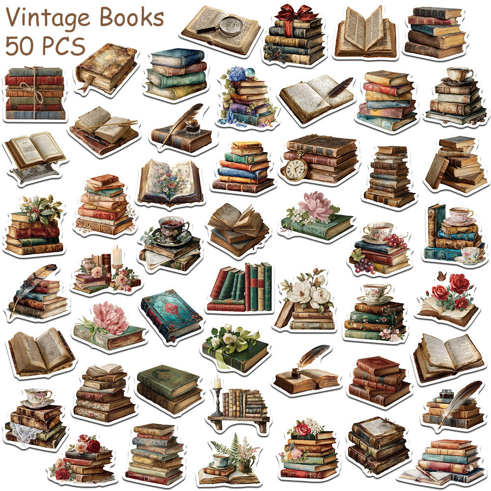 50 قطعة ملصقات كتب عتيقة للابت - مراجعة Vintage Collectible Books وسعره